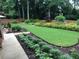 Backyard featuring a lush lawn, mature plantings, and a stone patio area at 577 Alexander Farms Sw Vw, Marietta, GA 30064