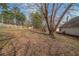 Large, leaf-covered backyard featuring a storage shed, bordered by a wooden fence and mature trees at 4932 Wilkins Station Dr, Decatur, GA 30035