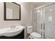 This bathroom includes a glass-enclosed shower, a vanity with sink, and a toilet at 4284 Hathaway Nw Ct, Kennesaw, GA 30144