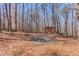 Backyard with fire pit and a small shed surrounded by trees at 2762 Zingara Ne Rd, Conyers, GA 30012