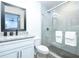 Stylish bathroom with a glass-enclosed shower, granite vanity, and modern fixtures at 2410 Macon Sw Dr, Atlanta, GA 30315