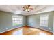 Spacious bedroom features a trey ceiling, a ceiling fan, and hardwood floors at 3336 Franklin Forest Dr, Winston, GA 30187