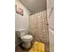 Neutral-toned bathroom featuring plank flooring and a shower with a patterned curtain at 1367 Midnight Ride Ct, Hampton, GA 30228