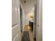 Hallway view leading to bathroom with black vanity, framed art and contrasting floor rugs at 1367 Midnight Ride Ct, Hampton, GA 30228