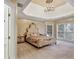 Elegant main bedroom boasts a tray ceiling, chandelier, and luxurious upholstered bed with ornate details at 910 Renaissance Way, Roswell, GA 30076