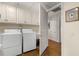 Laundry room with washer, dryer, cabinets for storage and hardwood flooring at 750 Park Ne Ave # 25W, Atlanta, GA 30326