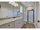 Modern bathroom features a granite countertop, white cabinets and a glass enclosed shower at 96 Wheelers Dr, Dallas, GA 30157