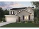 Charming two-story home featuring a covered porch, attached two-car garage, gray siding and manicured front lawn at 4155 Viola Pl, Atlanta, GA 30349