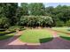 Beautifully landscaped backyard with circular lawn, brick pathways, and mature trees at 4615 Northside Dr, Atlanta, GA 30327