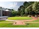 Manicured backyard featuring circular lawn, brick pathways, and lush greenery at 4615 Northside Dr, Atlanta, GA 30327