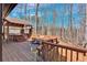 This large wooden patio features a hot tub and a covered seating area with views of the woods at 360 Chimney Ct, Fairburn, GA 30213