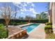 Backyard pool with manicured landscaping and brick planters on a sunny day, perfect for relaxing and entertaining at 3128 Lower Roswell Rd, Marietta, GA 30068