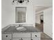 Bathroom with a granite countertop vanity, gray cabinets, and tile floors at 372 Garnet Dr, Acworth, GA 30101