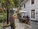 Backyard patio with a stone fireplace, dining set with umbrella, outdoor grill, and access to the home at 121 17Th Ne St, Atlanta, GA 30309