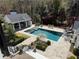 A birds-eye view showcasing the backyard's inviting pool area, pool house, and surrounding landscaped grounds at 3980 Saint Elisabeth Sq, Duluth, GA 30096