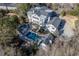 Aerial view highlighting the stunning pool and spa area, in a backyard with meticulous landscaping at 3980 Saint Elisabeth Sq, Duluth, GA 30096