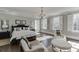 Spacious bedroom showcasing hardwood floors, a chandelier, and natural light from multiple windows at 3980 Saint Elisabeth Sq, Duluth, GA 30096