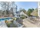 Outdoor pool with a pool house, a brick patio, and lush landscaping offering a private backyard oasis at 3980 Saint Elisabeth Sq, Duluth, GA 30096