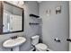 Stylish half bathroom with a pedestal sink and decorative shelves at 1465 Forest Brook Trl, Cumming, GA 30041