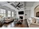 Bright living room with coffered ceilings, large windows, a fireplace, and hardwood floors at 875 Olmsted Ln, Duluth, GA 30097