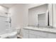 Bright bathroom featuring granite countertops, white cabinetry, walk-in shower and toilet at 654 Egrets Lot 65 Lndg, Covington, GA 30014