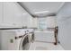 Well-equipped laundry room with white cabinetry, sink, countertop and modern washer and dryer at 5040 Blackberry Ln, Buford, GA 30518