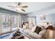 Living area with view to bedroom featuring laminate wood flooring and ceiling fans at 3721 Stonewall Se Cir, Atlanta, GA 30339