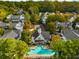 Aerial view of the community pool surrounded by lounge chairs and mature trees at 951 Glenwood Ave # 801, Atlanta, GA 30316