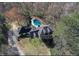 Expansive aerial view of a home with a covered pool nestled among lush, mature trees at 3320 Donegal Way, Snellville, GA 30039