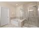 Bright bathroom featuring a tub and glass enclosed shower with custom tile surround at 2289 Emerald Sky Dr, Smyrna, GA 30080