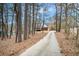 View of a long, paved driveway leading to a well-maintained brick home surrounded by mature trees at 3740 Cannonwolde Dr, Snellville, GA 30039