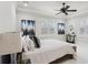 Calm bedroom features a tray ceiling, plush carpeting, and sun-filled windows with shutters at 440 Belada Blvd, Sandy Springs, GA 30342