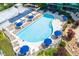 Aerial view of a luxurious swimming pool area with blue umbrellas and many lounge chairs at 943 Peachtree Ne St # 2009, Atlanta, GA 30309