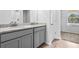 Bathroom with double sink vanity featuring gray cabinets, and granite countertops at 745 Great Oak Pl, Villa Rica, GA 30180