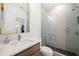 Modern bathroom featuring a glass-enclosed shower and sleek vanity with white countertop at 929 Keystone Dr, Woodstock, GA 30188