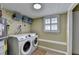 A laundry room with modern front load washer and dryer and a window for natural light at 3736 Rainbow Cir, Snellville, GA 30039