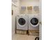 Functional laundry room equipped with a washer, dryer, and storage shelves for efficient home management at 7452 Mount Vernon Rd, Lithia Springs, GA 30122