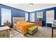 Bedroom with blue walls, carpet, large windows, and a tufted bed at 399 Skylar Se Way, Atlanta, GA 30315