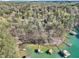 An aerial view of lakeside properties and docks on a green water lake at 6030 Chimney Springs Rd, Buford, GA 30518