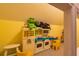 Charming playroom featuring a toy kitchen, a cheerful color palette, and cozy, sloped ceilings for a fun and imaginative space at 150 Hillred Dr, Fayetteville, GA 30215