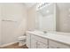 Bathroom featuring white vanity, tile floors, framed mirror and a shower/tub combination at 302 Gladstone Dr, Mcdonough, GA 30253