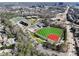 Aerial view of school grounds, showcasing a baseball field, football field, buildings, and surrounding cityscape at 6275 Hunting Creek Rd, Atlanta, GA 30328