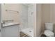 Updated bathroom featuring granite vanity, sleek walk-in shower, and modern fixtures at 542 Oak Hills Sw Rd, Mableton, GA 30126