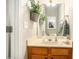 Cozy bathroom featuring a mirror with plants and wood cabinets at 8000 Abington Dr, Locust Grove, GA 30248