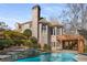 Back of the house with a brick facade, a beautiful pool, deck, and meticulously landscaped grounds at 715 Newport Holw, Alpharetta, GA 30005