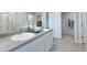 Bright bathroom featuring double sinks, a grey countertop, modern fixtures, and a separate walk-in closet at 509 Vervain Drive, Locust Grove, GA 30248