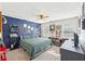 This childs bedroom has blue accent wall, desk, and shelving at 4805 Mystere Sw Ln, Lilburn, GA 30047