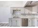 Close up on the kitchen featuring gray cabinetry, mosaic backsplash, and granite countertops at 5043 Bell Dr, Smyrna, GA 30080