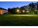 A backyard basketball court with multiple hoops, illuminated and surrounded by mature trees and lawn at 535 Waters Way, Fayetteville, GA 30215