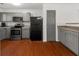 Modern kitchen featuring gray cabinetry, stainless steel appliances, and wood flooring at 747 Crestwell Sw Cir, Atlanta, GA 30331